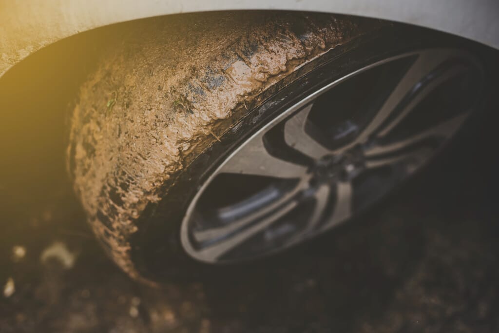 winter tyres covered in mud