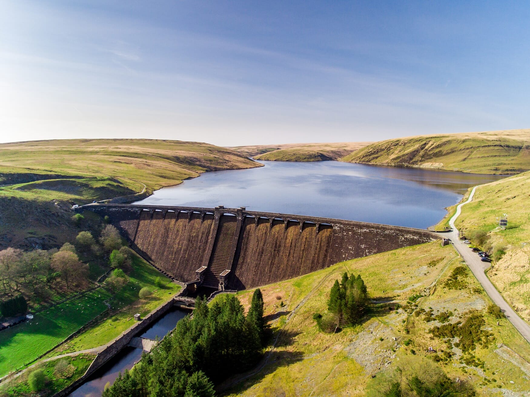 Aerial view of Claerwen Reservoir and dam, in the Elan Valley, mid Wales, Spring 2019